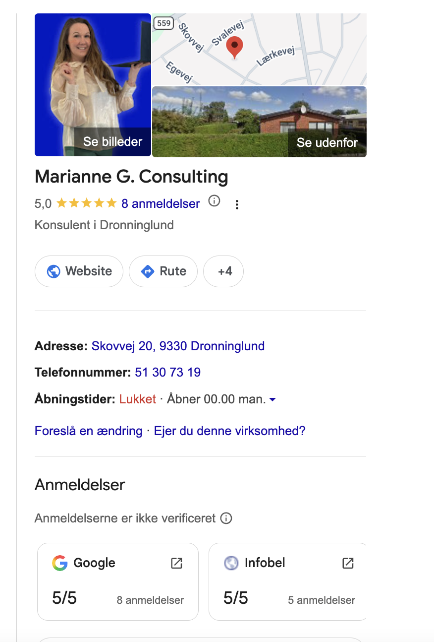 Eksempel på en velfungerende Google Business Profil med 5,0 stjerner og 8 anmeldelser