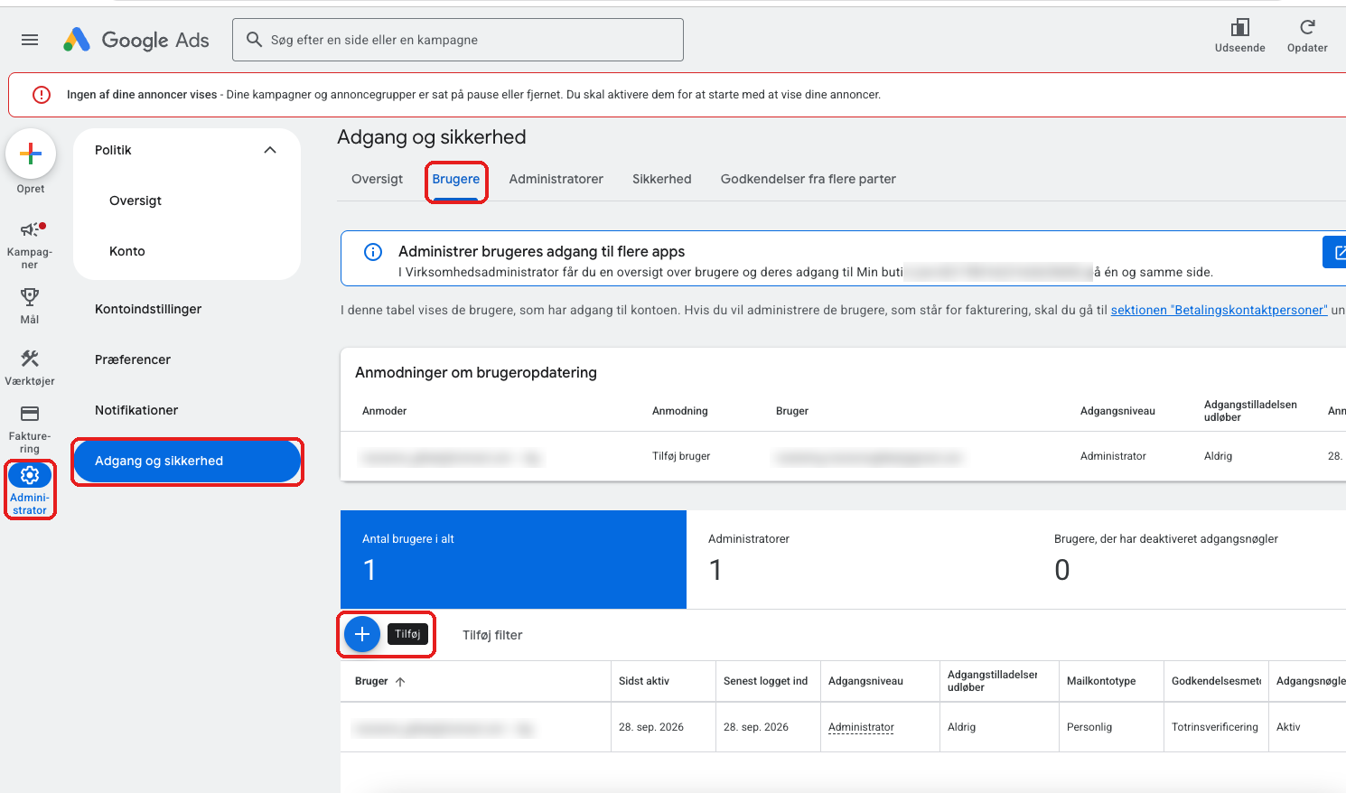 Google Ads Adgang og sikkerhed – sådan tilføjer du en ny bruger via Administrator, fanen Brugere og det blå plus