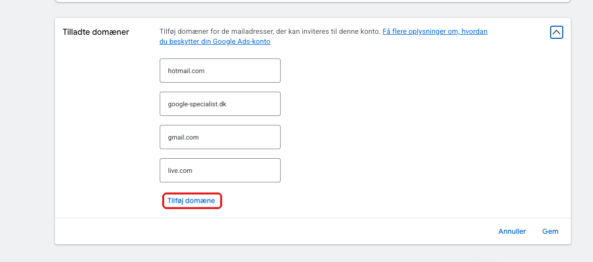Tilladte domæner i Google Ads – tilføj domæne for at kunne invitere nye brugere