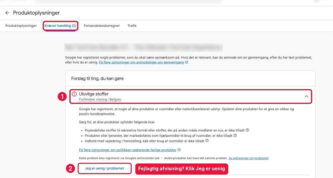 Google Merchant Center fejl: Ulovlige stoffer på en bilplejevare – fejlagtig afvisning, klik Jeg er uenig i problemet