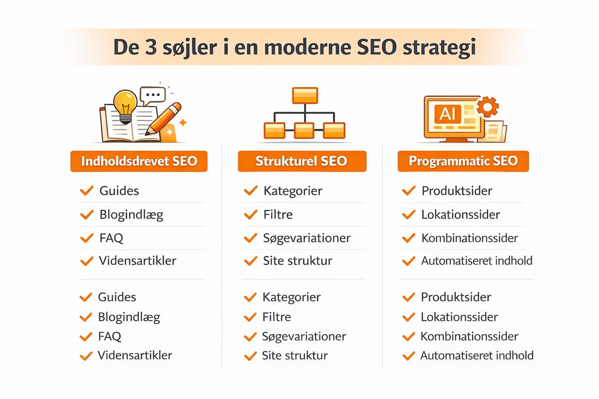 De 3 søjler i en moderne SEO-strategi: indholdsdrevet, strukturel og skalerbar SEO